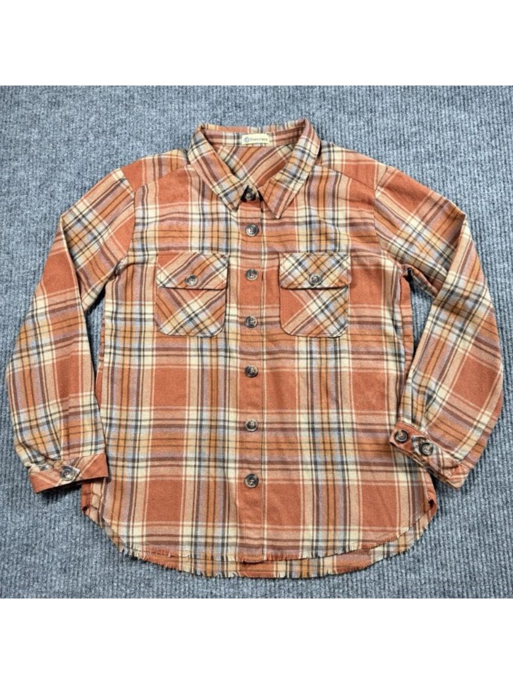 Democracy Flannel Top Womens Large Burnt Orange Plaid Button Front Raw Hem